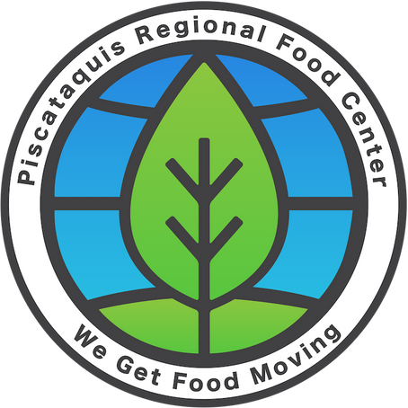 Piscataquis Regional Food Center logo saying We Get Food Moving at the bottom with a green leaf in the center.