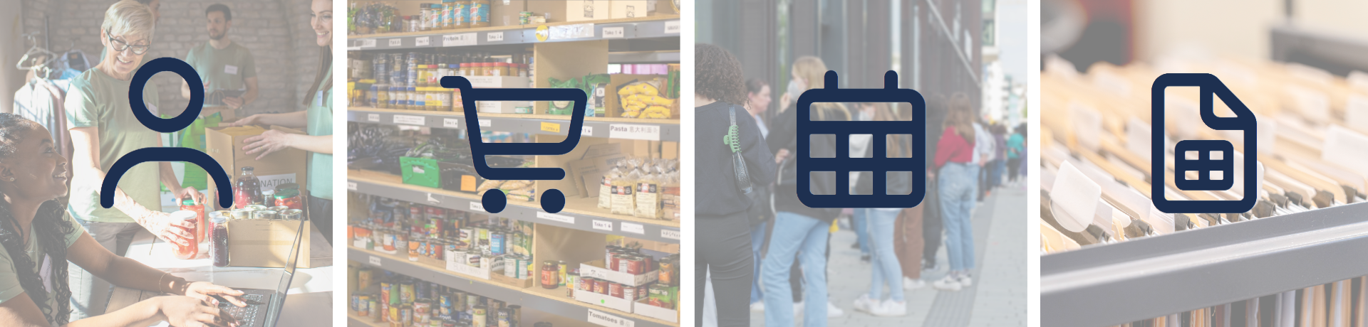 Four columns of for images of pantries with an icon on either one. A user icon, a cart icon, a calendar icon, and a document icon.