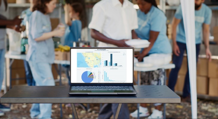 A laptop with a PantrySoft data visualization report on it on a table in front of a group of people working.